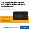 A black microwave oven is shown with marketing text and product details. Produktbild-Vorschau
