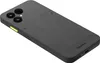 A dark gray smartphone is shown from a diagonal angle, with its back facing the viewer. The camera module is visible on the top left, featuring three lenses. A small yellow button is present on the side. The brand name 'fairphone' is subtly printed on the  Produktbild-Vorschau