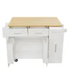 A white kitchen island with a wooden countertop, shown from the front with drawers and cabinets open. Voir les images du produit