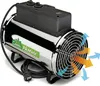 A chrome-plated electric heater with a black control box on top and a fan grill on the front. Arrows indicate airflow. Produktbild-Vorschau