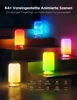 Several LED table lamps are displayed on stairs, showcasing different color modes and animated scenes. A control panel with icons is visible at the bottom. Produktbild-Vorschau