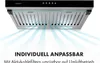 A kitchen range hood with blue light effects emanating from it, suggesting airflow. Text below highlights features. Produktbild-Vorschau