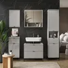 A modern bathroom vanity set with a sink, mirror, and storage cabinets against a black marble wall. Voir les images du produit
