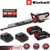 A cordless hedge trimmer with batteries and chargers displayed on a white background. Produktbild-Vorschau