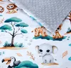 A close-up view of a baby blanket with a jungle animal theme, showing a portion of a grey minky fabric. Produktbild-Vorschau
