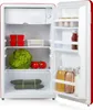 An open red retro-style refrigerator filled with fresh produce and drinks. Voir les images du produit