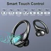 A pair of black wireless earbuds with ear hooks, displayed against a light gray background. Above the earbuds, there are several icons and text boxes illustrating different touch controls and features. Produktbild-Vorschau