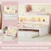 A collage showcasing a white daybed with a pull-out trundle bed, featuring storage compartments and LED lighting. The collage includes close-ups and different configurations of the bed. Podgląd zdjęcia produktu