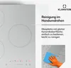A close-up of a white induction cooktop with text overlays describing its features, and a hand wearing an orange glove cleaning the surface. Produktbild-Vorschau