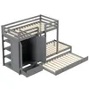 A grey bunk bed with a pull-out trundle bed, a wardrobe, and shelves, shown from a slightly elevated diagonal angle against a white background. Náhled obrázku produktu