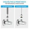 Two different types of water valve connections are shown, one for flexible hoses and one for rigid pipes. Produktbild-Vorschau