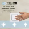 A hand is shown pressing a light switch, with three lightbulb icons below indicating different brightness levels. Náhled obrázku produktu