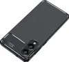 A black smartphone case with a carbon fiber texture is shown from a diagonal angle against a white background. Produktbild-Vorschau