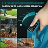 Collage showing a leaf blower in use in different settings and illustrating its speed settings. Produktbild-Vorschau
