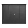 A front view of a dark gray metal garden shed with double doors and a lock. Náhled obrázku produktu