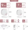 A diagram showing the dimensions and capacities of various porcelain tableware items with a cherry blossom design. Voir les images du produit