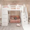 A child's bedroom with a white loft bed, pink sofa, and whale plush toy. Produktbild-Vorschau