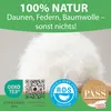 A pile of white down and feathers with various certification logos and text overlays. Produktbild-Vorschau