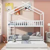 A white bunk bed with a house-shaped frame, set up in a child's bedroom with decorative wall art and stuffed animals. Náhľad obrázku produktu