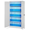 An open gray metal cabinet filled with blue binders. Voir les images du produit