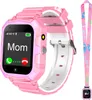A pink smartwatch with a white strap is shown against a white background. A pink lanyard with cartoon dinosaurs is attached to the watch. Produktbild-Vorschau