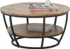 A round coffee table with two tiers, made of wood and metal, is shown against a white background.