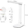 A white LED desk lamp with various features highlighted by diagrams and text. Produktbild-Vorschau