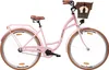A pink city bike with a brown saddle and basket is shown against a white background. Produktbild-Vorschau