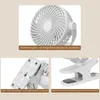 Collage of images showing a white clip-on fan and its features. Produktbild-Vorschau