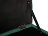Close-up view of the interior of a green velvet storage ottoman, showing the hinge and a strap. Produktbild-Vorschau