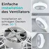 A collage showing installation instructions and angles for a white ceiling fan with a light. Produktbild-Vorschau