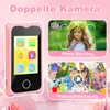 A pink children's smart toy phone is shown with marketing images of children using a camera and celebrating a birthday. Produktbild-Vorschau