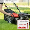 A person is holding the handle of a Scheppach lawnmower, which is on a grassy lawn. There is a text overlay with information about the lawnmower's cutting height. Produktbild-Vorschau