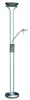 A silver floor lamp with two lights, one at the top and an adjustable one on the side, on a white background. Produktbild-Vorschau