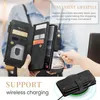 A person is using a phone case with card slots to pay at a terminal, and another shot shows the case on a wireless charger. Produktbild-Vorschau