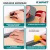 A collage of four images demonstrating the installation steps for a product, likely a decorative trim or tape. Produktbild-Vorschau