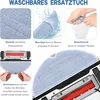 Collage of images showing a blue microfiber cloth, a close-up of the cloth being washed, a hand wringing out the cloth, and a close-up of the cloth attached to a robot vacuum cleaner. Produktbild-Vorschau