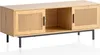 A wooden TV stand with cane-like sliding doors and black metal legs, shown against a white background. Produktbild-Vorschau