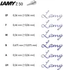 A size chart for Lamy Z50 nibs, showing different sizes with their corresponding measurements and a sample of the Lamy logo for each size. Produktbild-Vorschau
