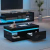 A modern living room setup featuring a black high-gloss TV stand and a matching coffee table with integrated blue LED lighting. Produktbild-Vorschau
