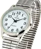A close-up studio shot of a silver analog wristwatch with a white face and black hands. Produktbild-Vorschau