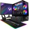 A gaming PC setup including a monitor, computer tower, keyboard, mouse, and headphones, all illuminated with RGB lighting. Produktbild-Vorschau