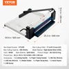 A white paper cutter with black and gray accents, shown from a slightly elevated diagonal angle, with dimensions and specifications overlaid. Produktbild-Vorschau