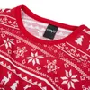 A close-up view of a red pajama top with a white Christmas-themed pattern, showing the neckline and a brand tag. Produktbild-Vorschau
