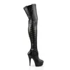 A black leather thigh-high boot with laces on a white background. Produktbild-Vorschau