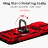 A red phone case with a rotating ring stand and camera cover is shown with diagrams indicating its rotation capabilities. Produktbild-Vorschau