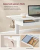 A white desk with a laptop, a mug, and headphones. There are also inset images showing a headphone hook and a drawer with office supplies. Produktbild-Vorschau