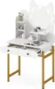 A white vanity desk with gold legs, featuring a cat-shaped top with a lighted mirror and shelves, and two drawers. Podgląd zdjęcia produktu