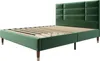 A green upholstered bed frame with a slatted base and a channeled headboard, shown from a diagonal side angle against a white background. Produktbild-Vorschau