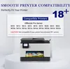 A printer is shown on a white pedestal with a marketing graphic above it listing compatible printers. Produktbild-Vorschau